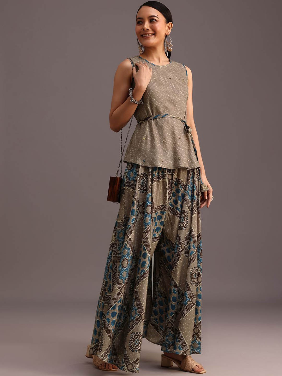 

KALKI Fashion Ajrakh Printed Mirror Work Linen Kurti with Palazzo, Beige