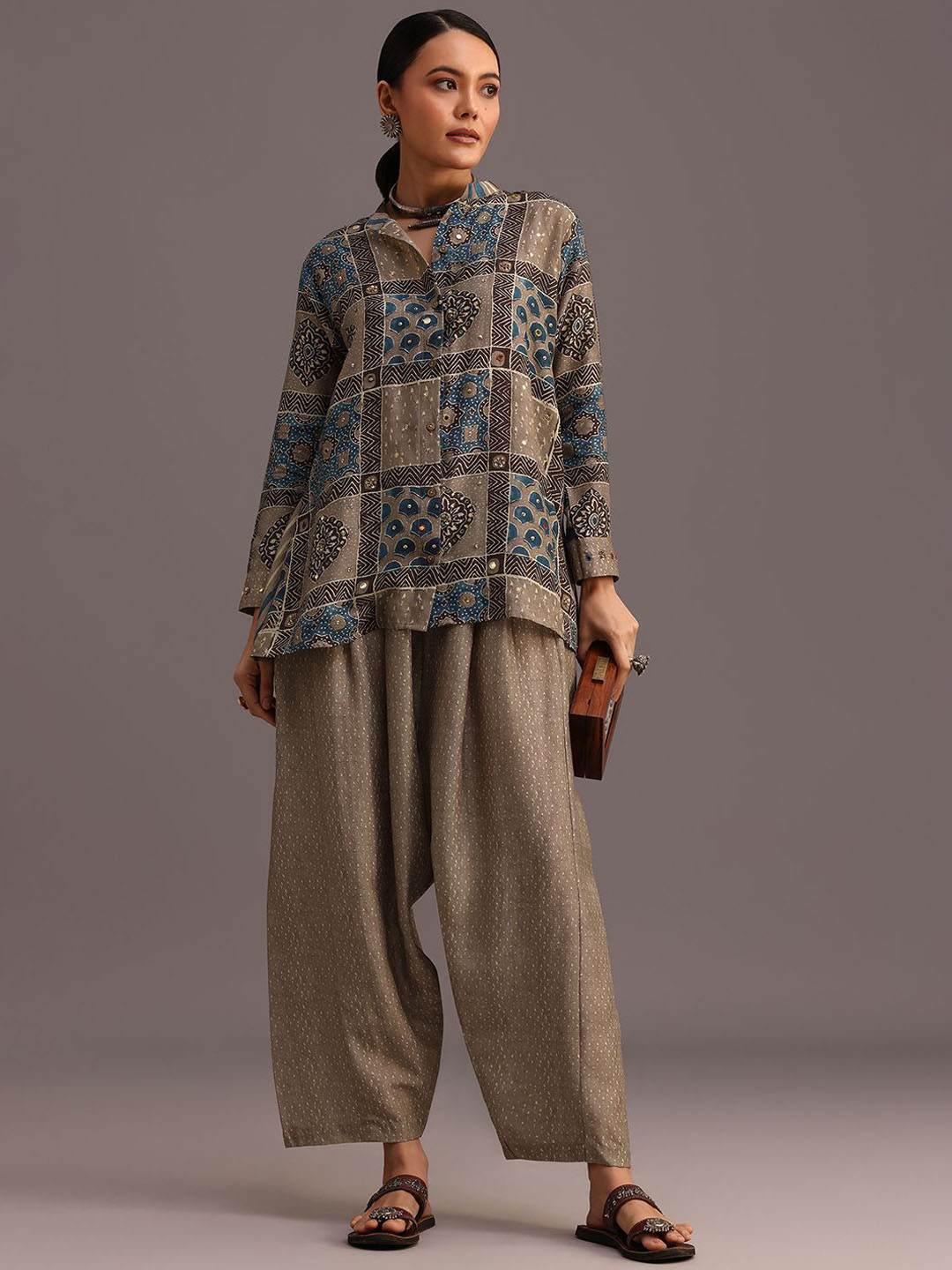 

KALKI Fashion Printed Shirt Collar Shirt & Trousers Co-Ords, Grey