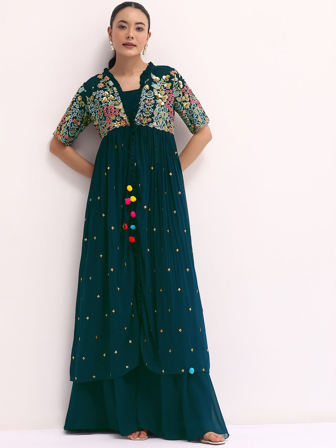 

KALINI Fashion Floral Embroidered Square Neck Top & Palazzo With Jacket, Blue