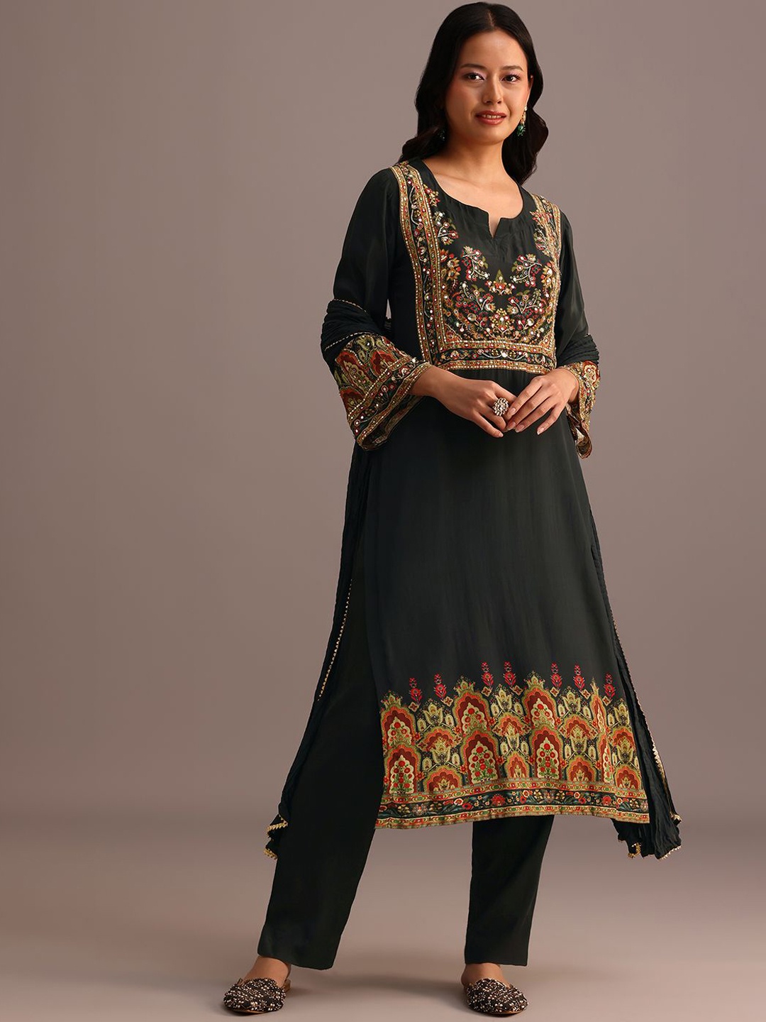 

KALKI Fashion Floral Embroidered Mirror Work Straight Kurta with Trousers And Dupatta, Green