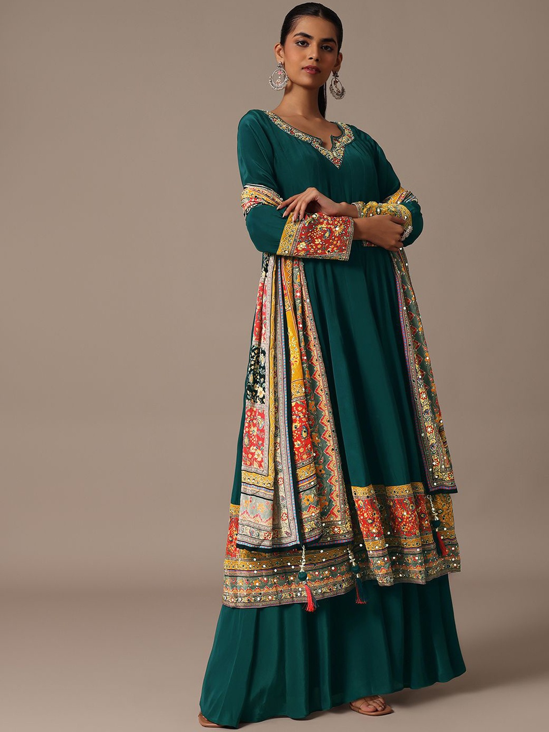 

KALKI Fashion Floral Embroidered Mirror Work Anarkali Kurta with Palazzos & Dupatta, Teal