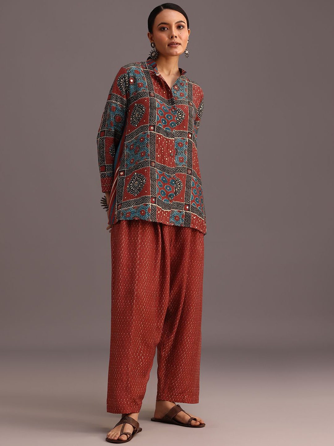 

KALKI Fashion Ajrakh Printed Mandarin Collar Linen Shirt With Trousers Co-Ords, Red