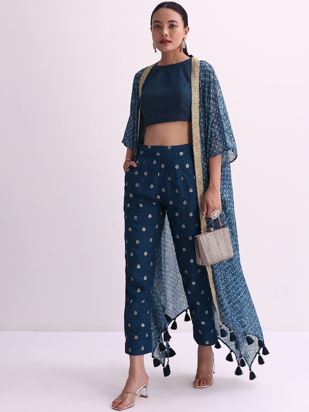 

KALKI Fashion Printed Top & Trousers With Shrug, Blue