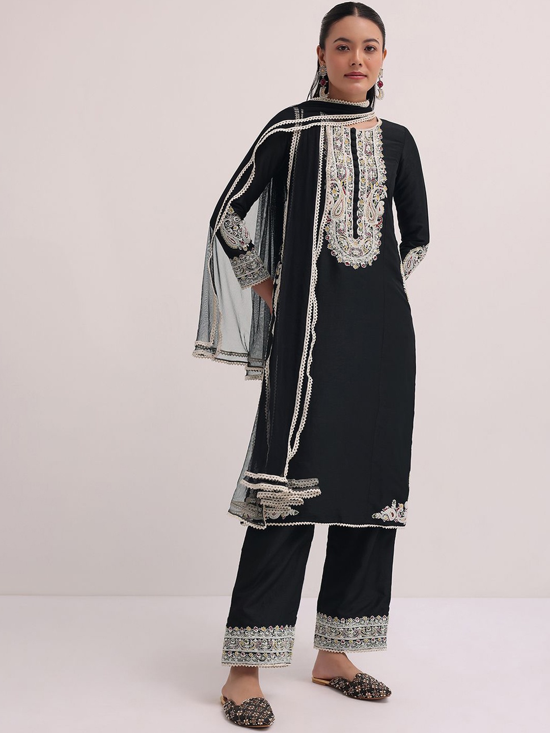 

KALKI Fashion Embroidered Straight Kurta with Trousers And Dupatta, Black