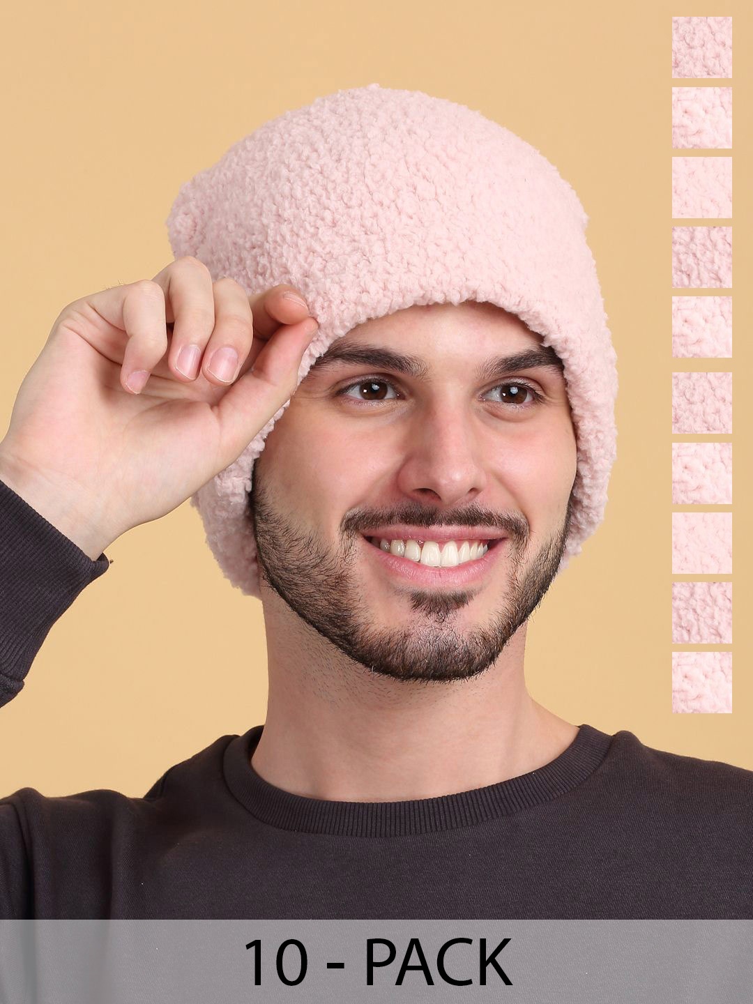 

KLOTTHE Men Set Of 10 Lightpink Woolen Beanie Caps, Pink