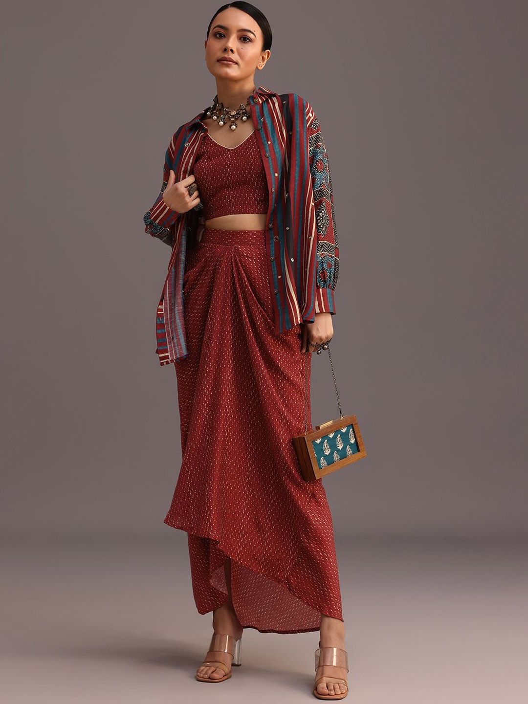 

KALKI Fashion Ajrakh Printed V- Neck Linen Crop Top & Draped Skirt With Shirt, Red