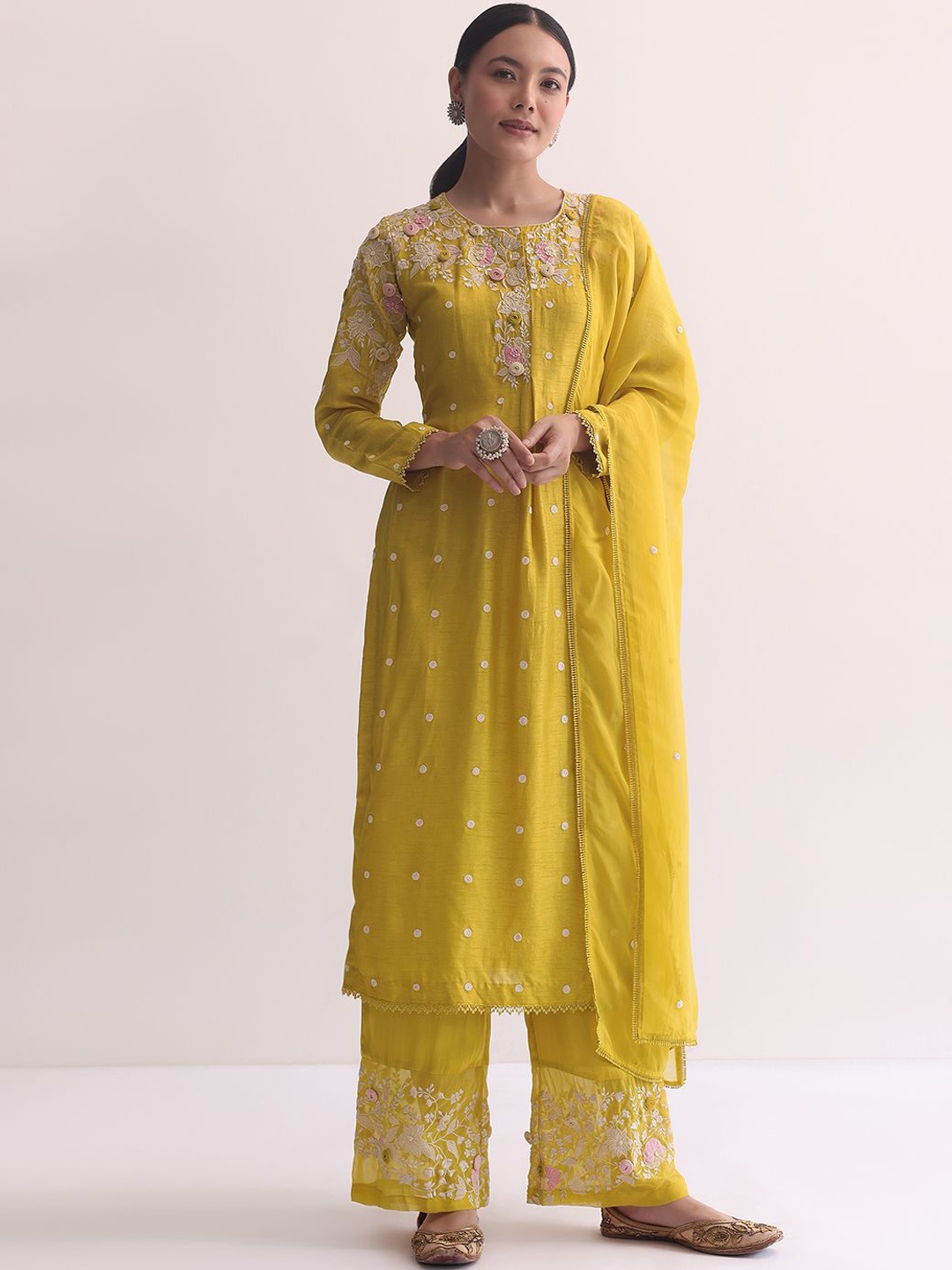 

KALKI Fashion Floral Embroidered Sequnnied Straight Kurta with Palazzos And Dupatta, Yellow