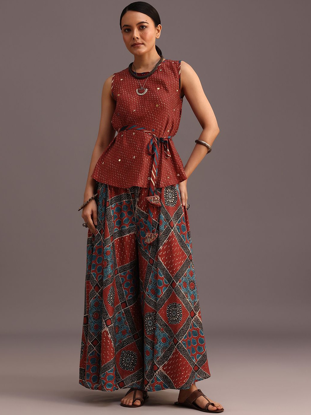 

KALKI Fashion Ethnic Motifs Ajrakh Printed Sequinned A-Line Linen Kurta with Palazzo, Red