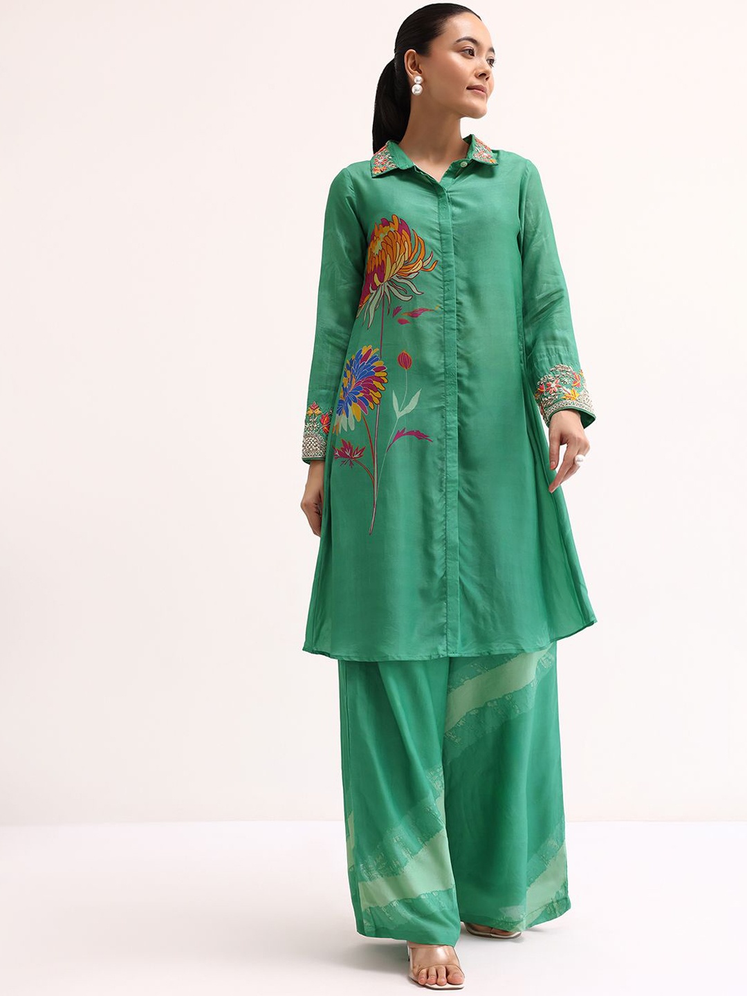 

KALKI Fashion Zari Embellished Shirt Collar Tussar Silk A-Line Top with Palazzos Co-Ords, Green