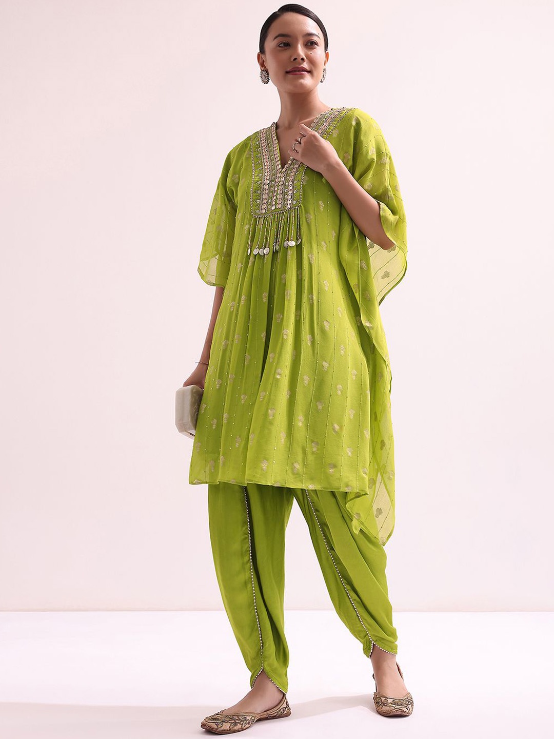 

KALKI Fashion Ethnic Motifs Embroidered V-Neck Georgette Kaftan With Dhoti Pants, Green
