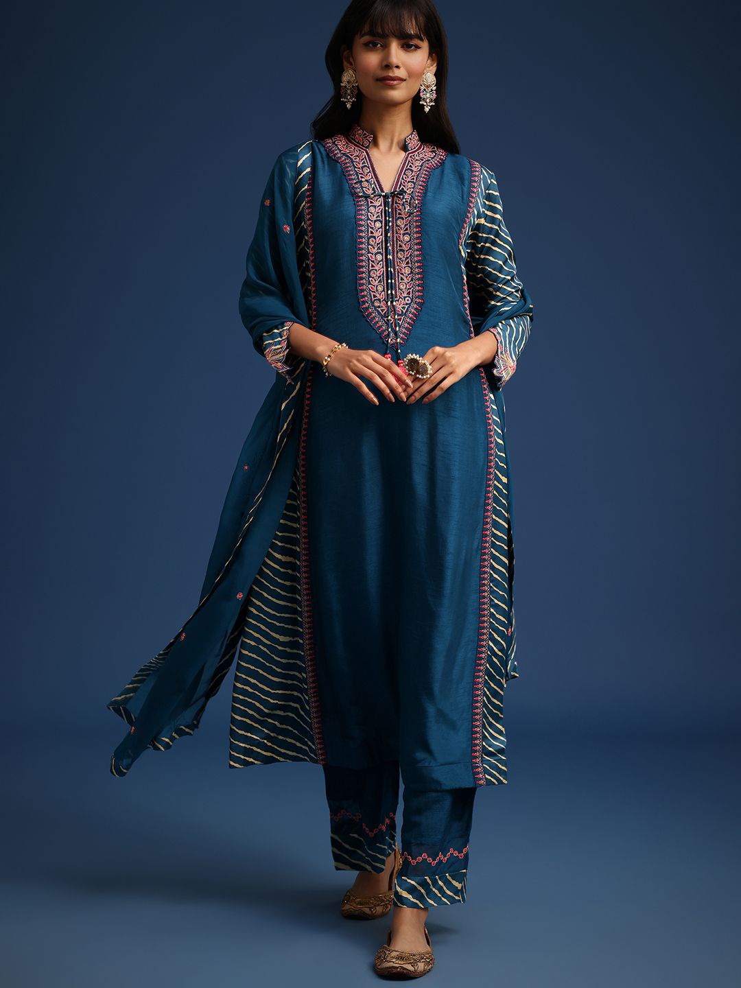 

KALKI Fashion Floral Embroidered Thread Work A-Line Kurta With Palazzos And Dupatta, Blue