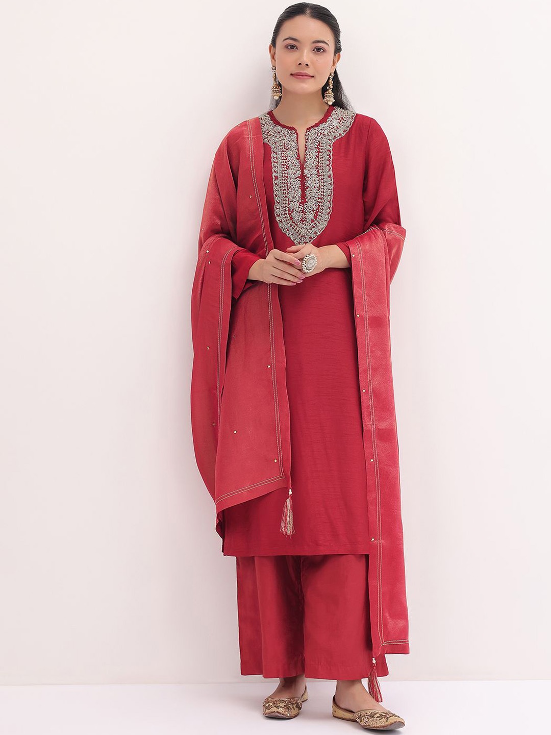 

KALKI Fashion Floral Embroidered Sequinned Straight Kurta With Palazzos And Dupatta, Red