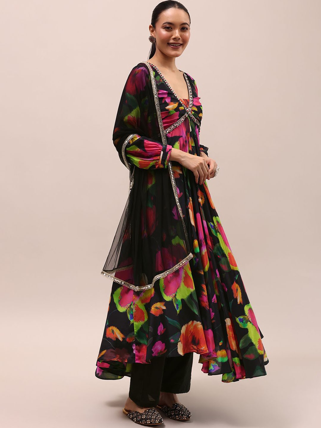 

KALKI Fashion Floral Printed Beads And Stones Anarkali Kurta With Trousers And Dupatta, Black