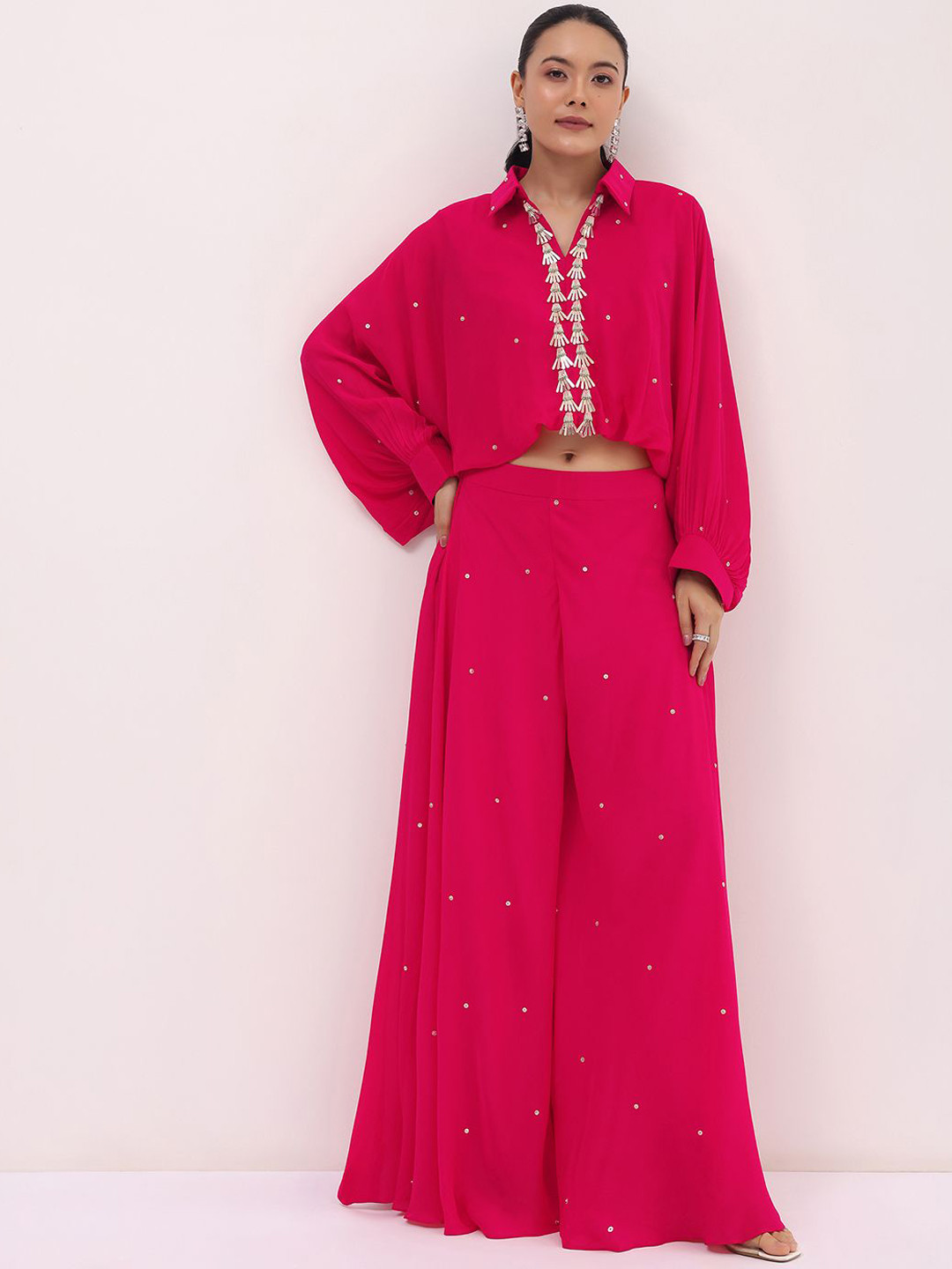 

KALKI Fashion Embroidered Shirt Collar Top With Trousers Co-Ords, Pink