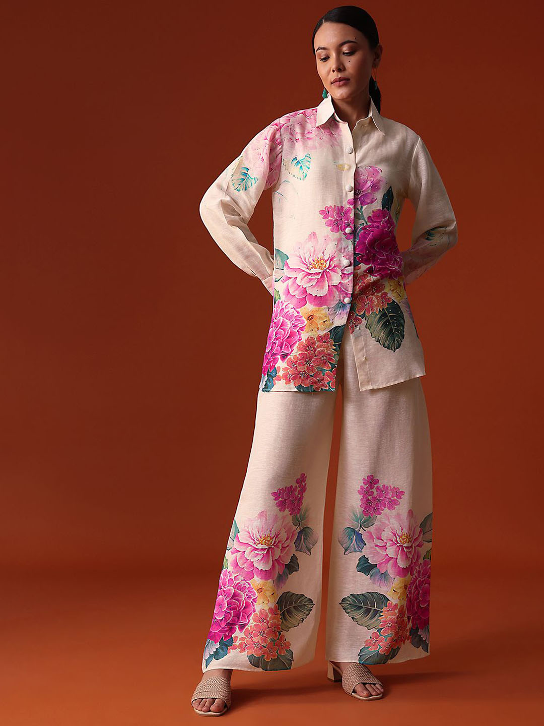 

KALKI Fashion Floral Printed Sequin Work Shirt Collar Cotton Co Ord Set, White
