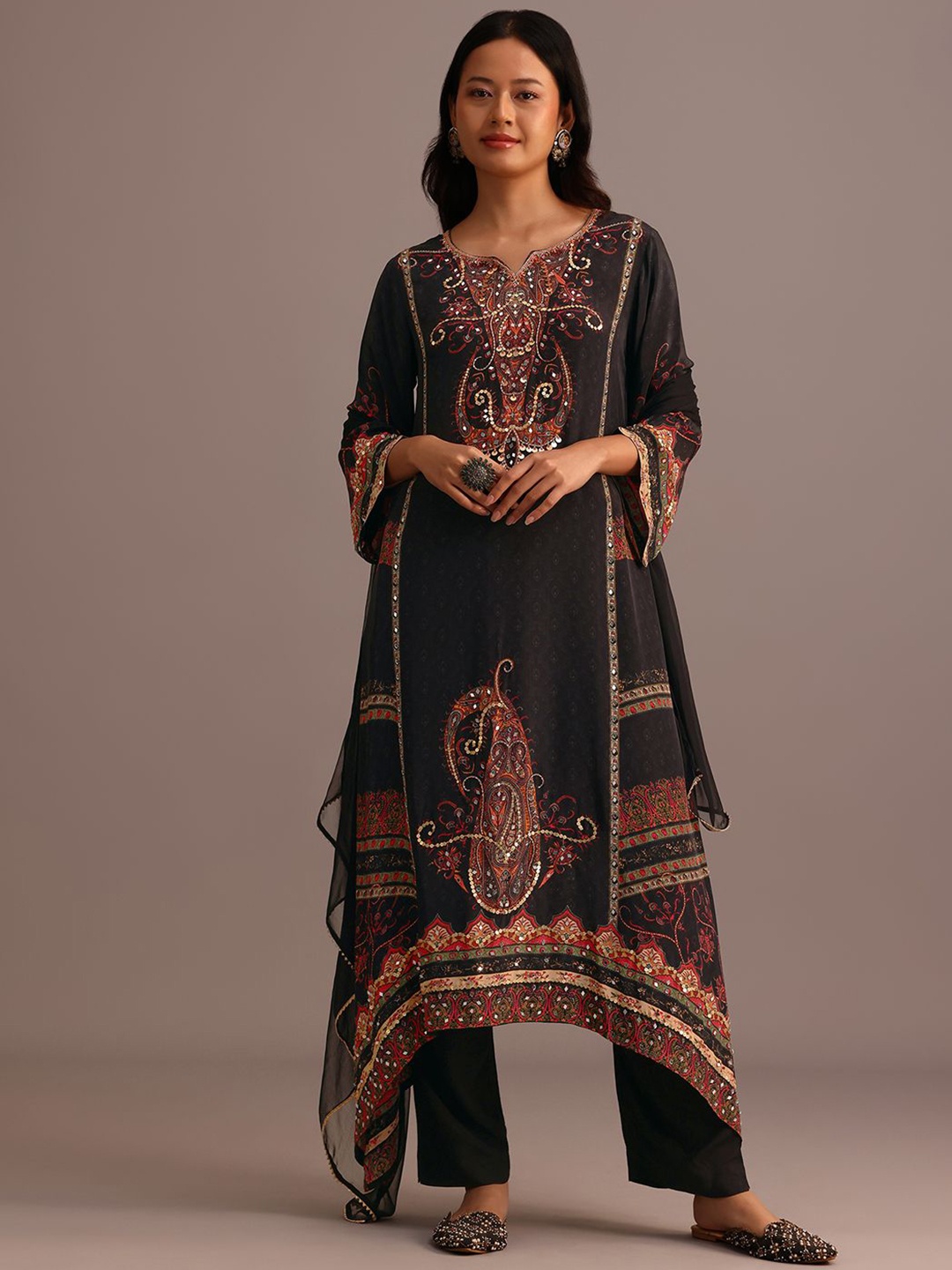 

KALKI Fashion Floral Printed Sequnnied Notch Neck A-Line Kurta With Trousers And Dupatta, Black