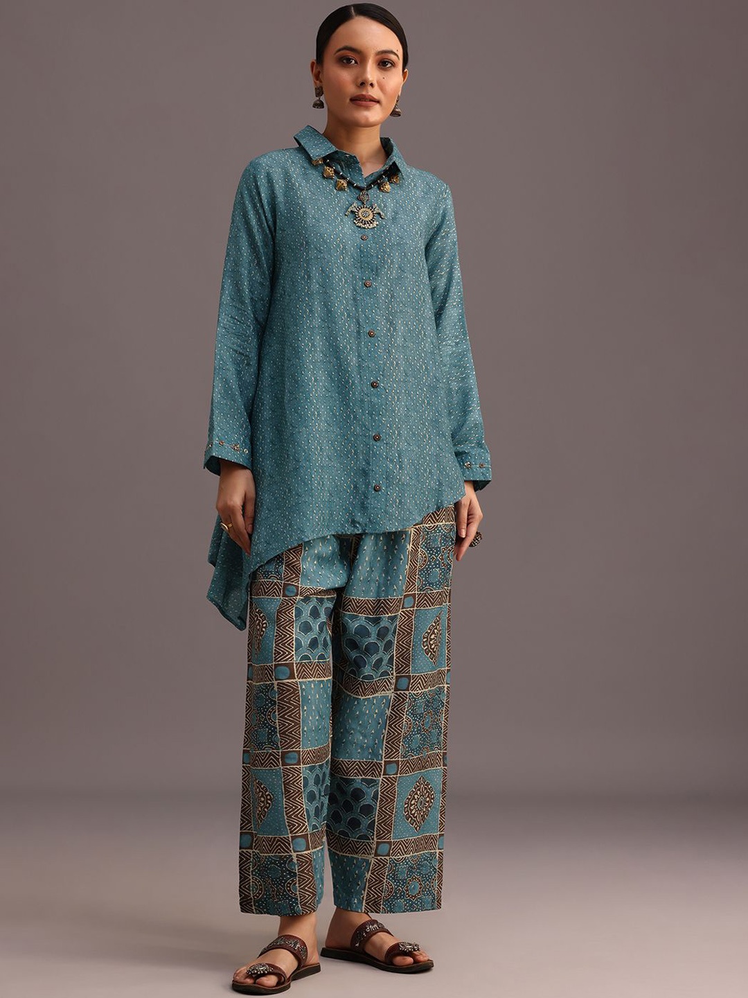 

KALKI Fashion Floral Printed Linen Shirt Collar Shirt With Palazzo, Blue