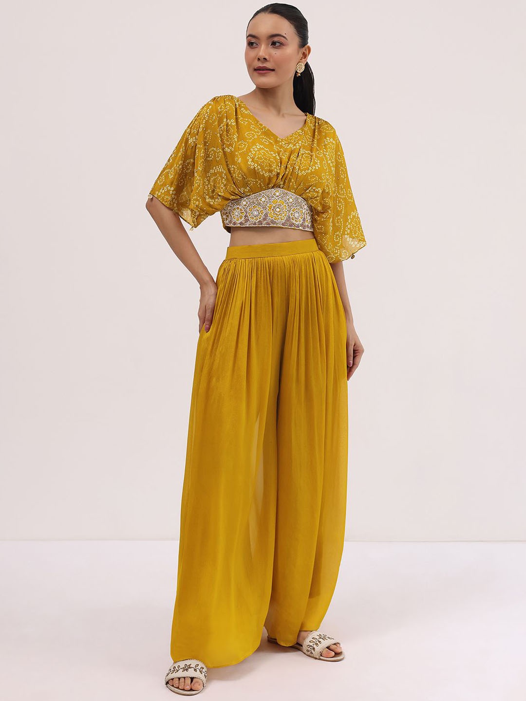 

KALKI Fashion Bandhani Printed Sequenned And Beaded V Neck Crop Top & Palazzo, Yellow