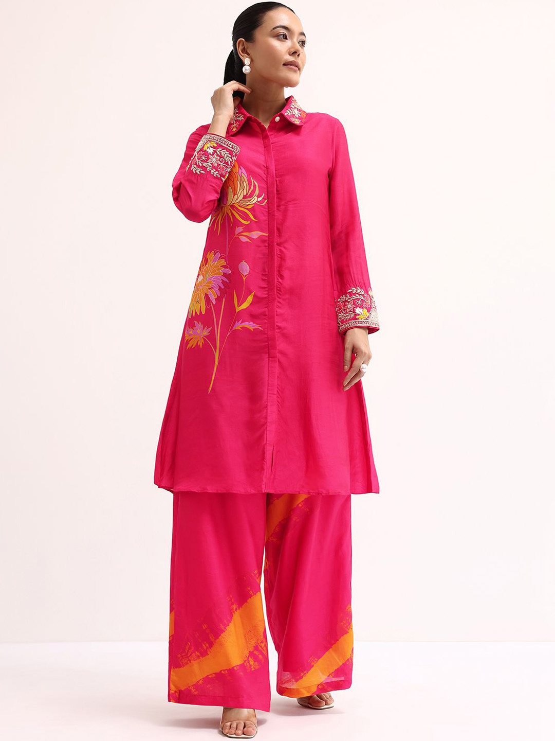 

KALKI Fashion Floral Embroidered Shirt Collar A-line Kurta With Palazzos, Pink