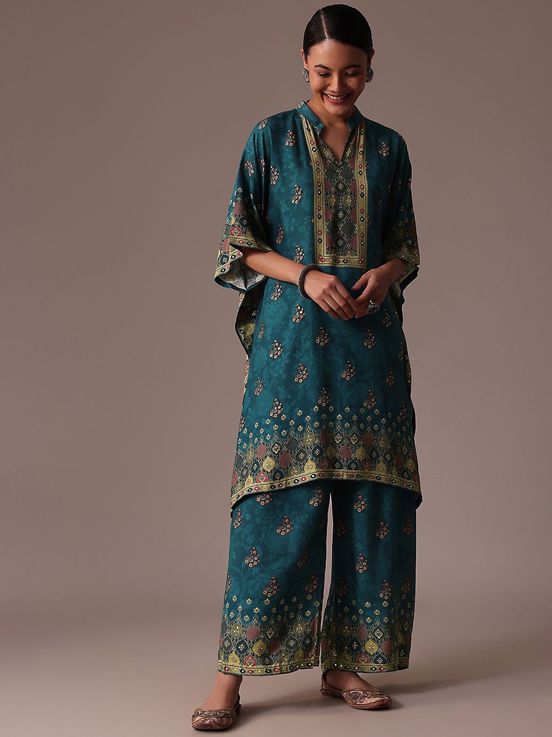 

KALKI Fashion Floral Embroidered Mandarin Collar Kurta with Palazzo, Blue