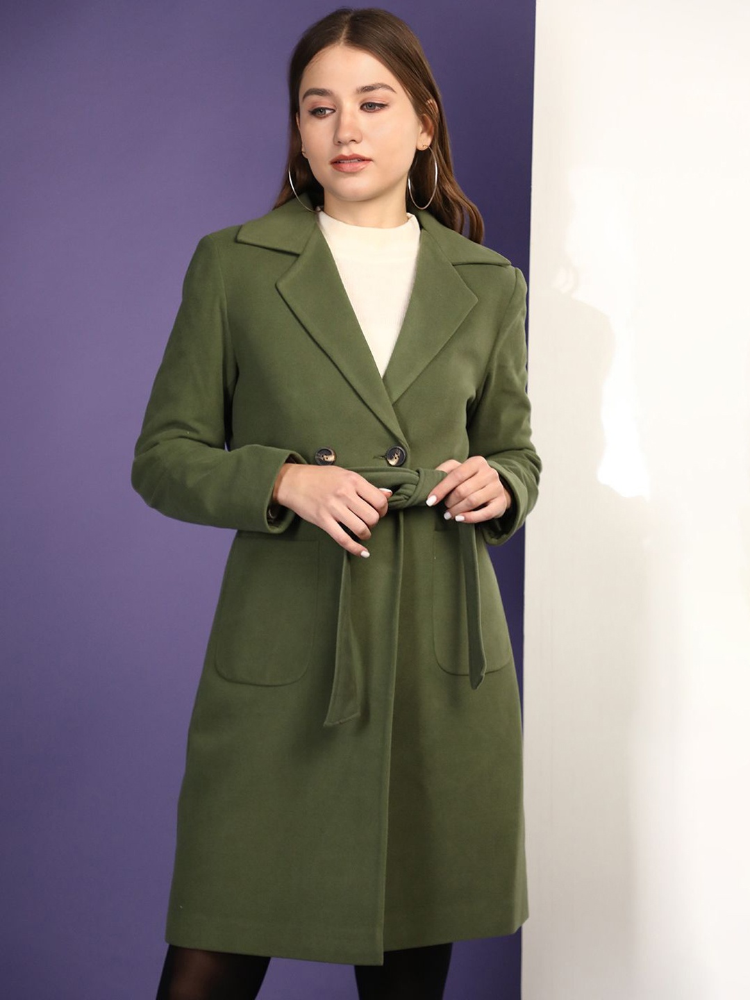 

Chemistry Double-Breasted Trench Coat With Belt, Green