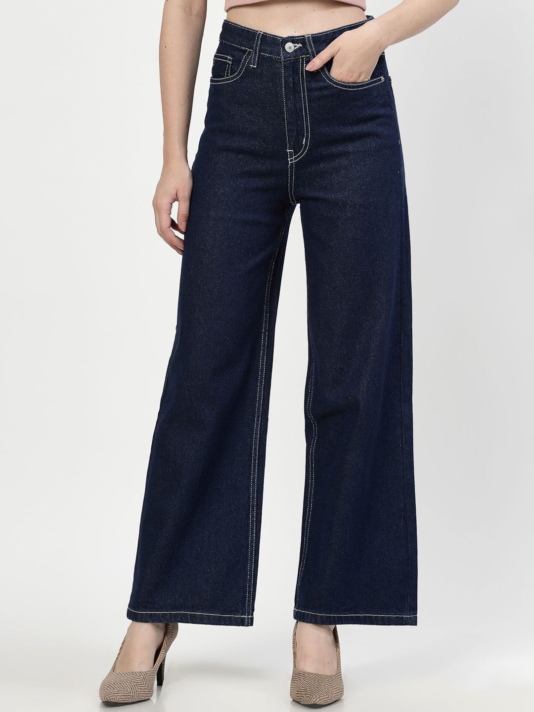 

COSMIC Women High-Rise Cotton Flared Jeans, Navy blue