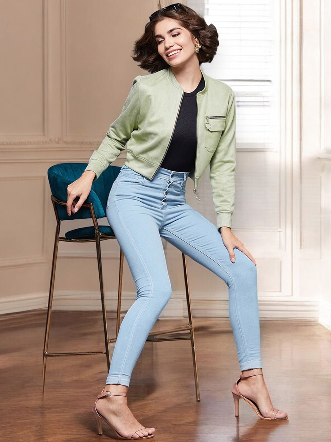 

Miss Chase Women Stand Collar Solid Casual Bomber Jacket, Green