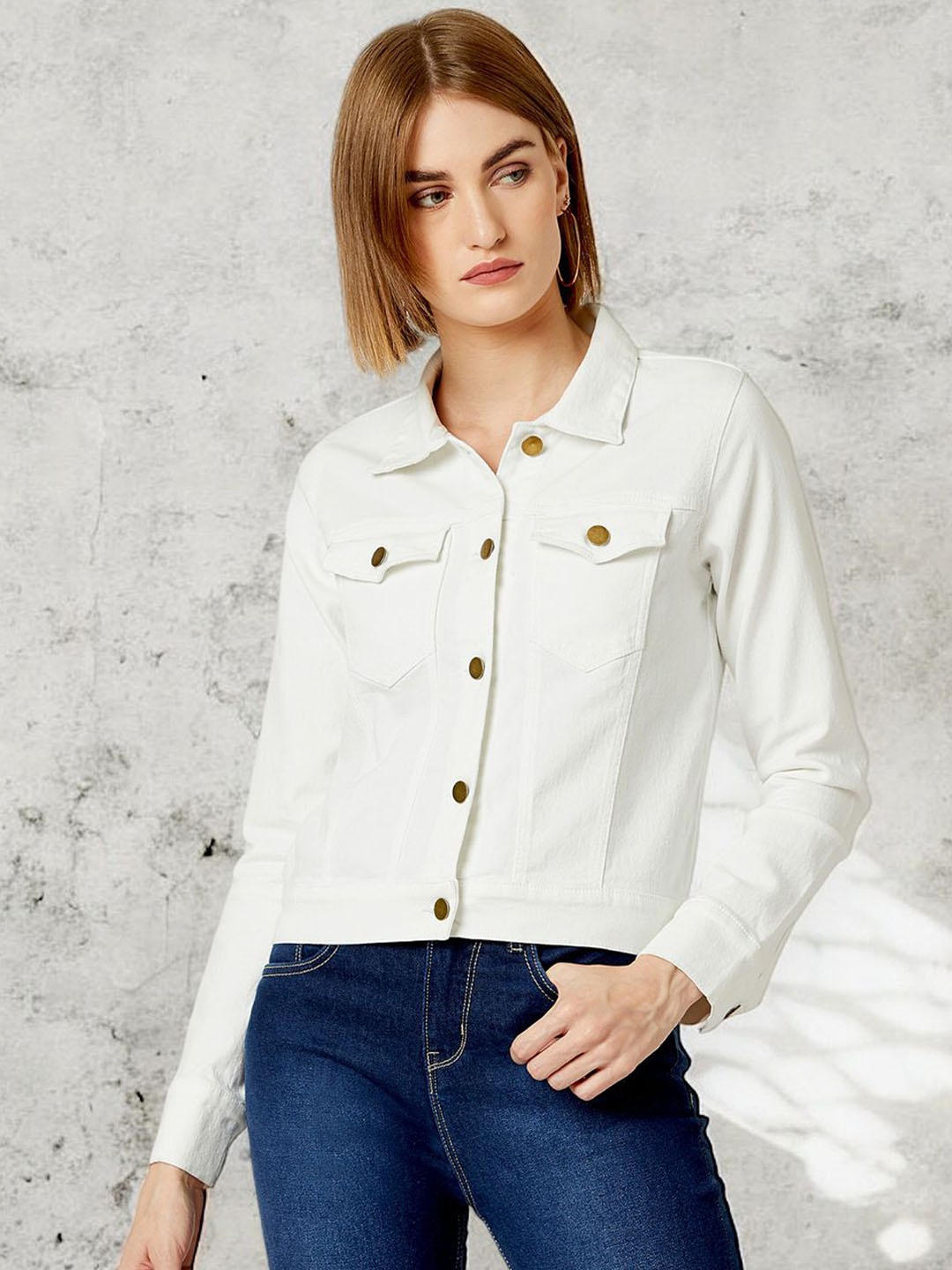 

Miss Chase Women Spread Collar Solid Cotton Casual Denim Jacket, White