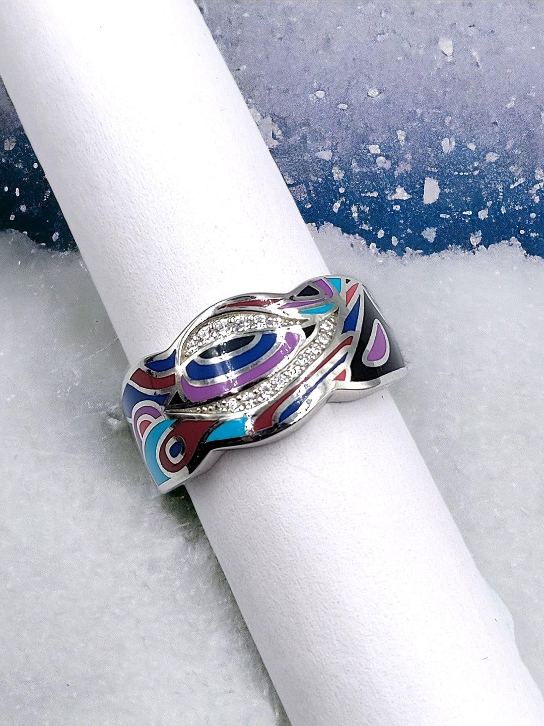 

AMONROO 925 Sterling Silver CZ-Stone Studded Floral Design Enamel Band Finger Ring