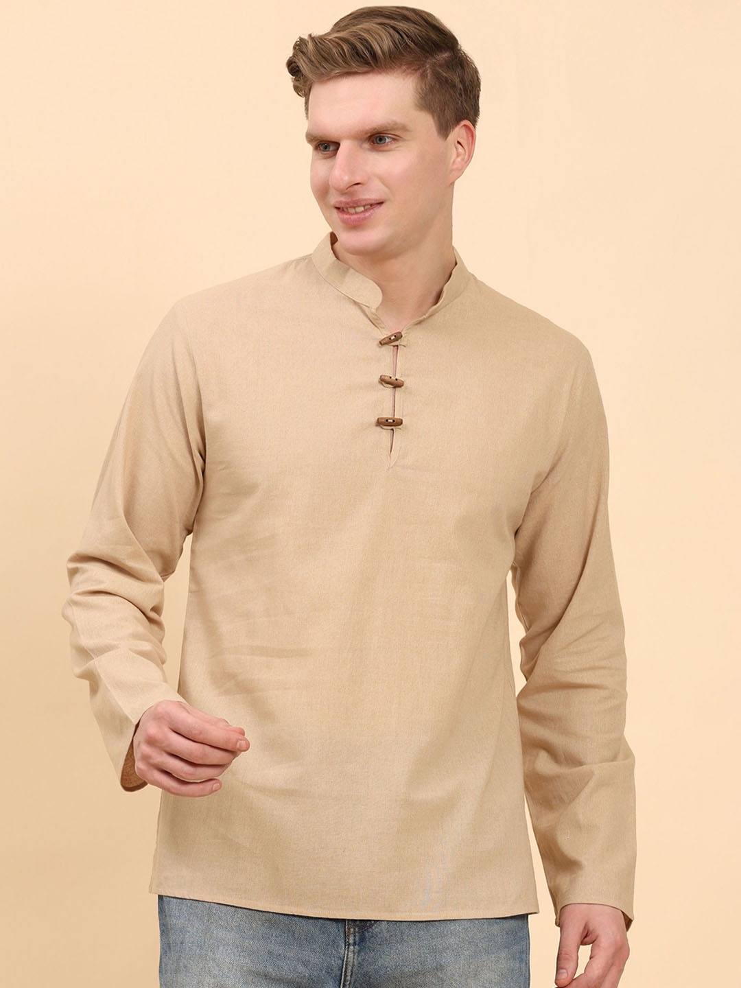 

SKAVIJ Mandarin Collar Straight Kurtas, Beige