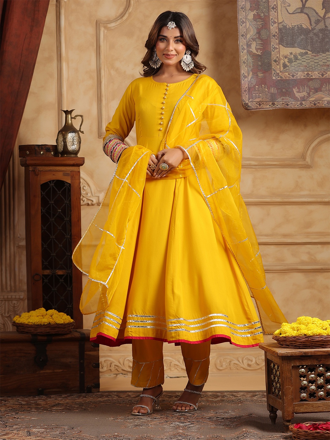 

Rain & Rainbow Women Regular Gotta Patti Anarkali Kurta With Trousers & Dupatta, Mustard