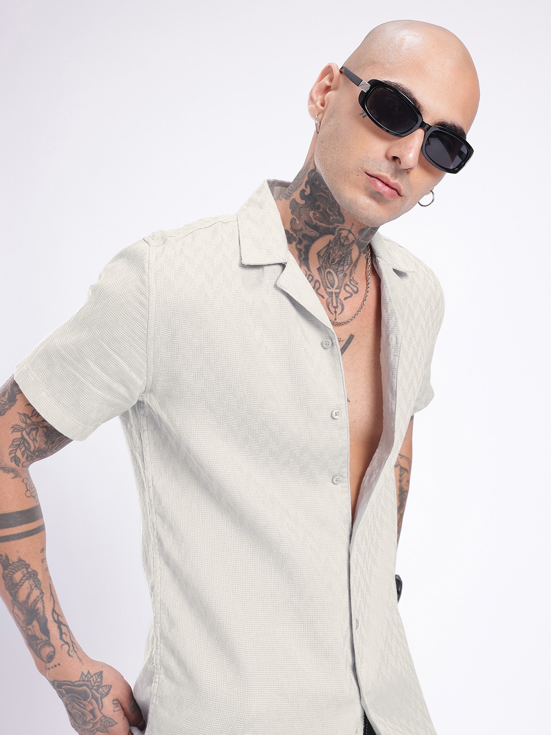 

glitchez Cool Vibe Self Design Textured Shirt, Grey