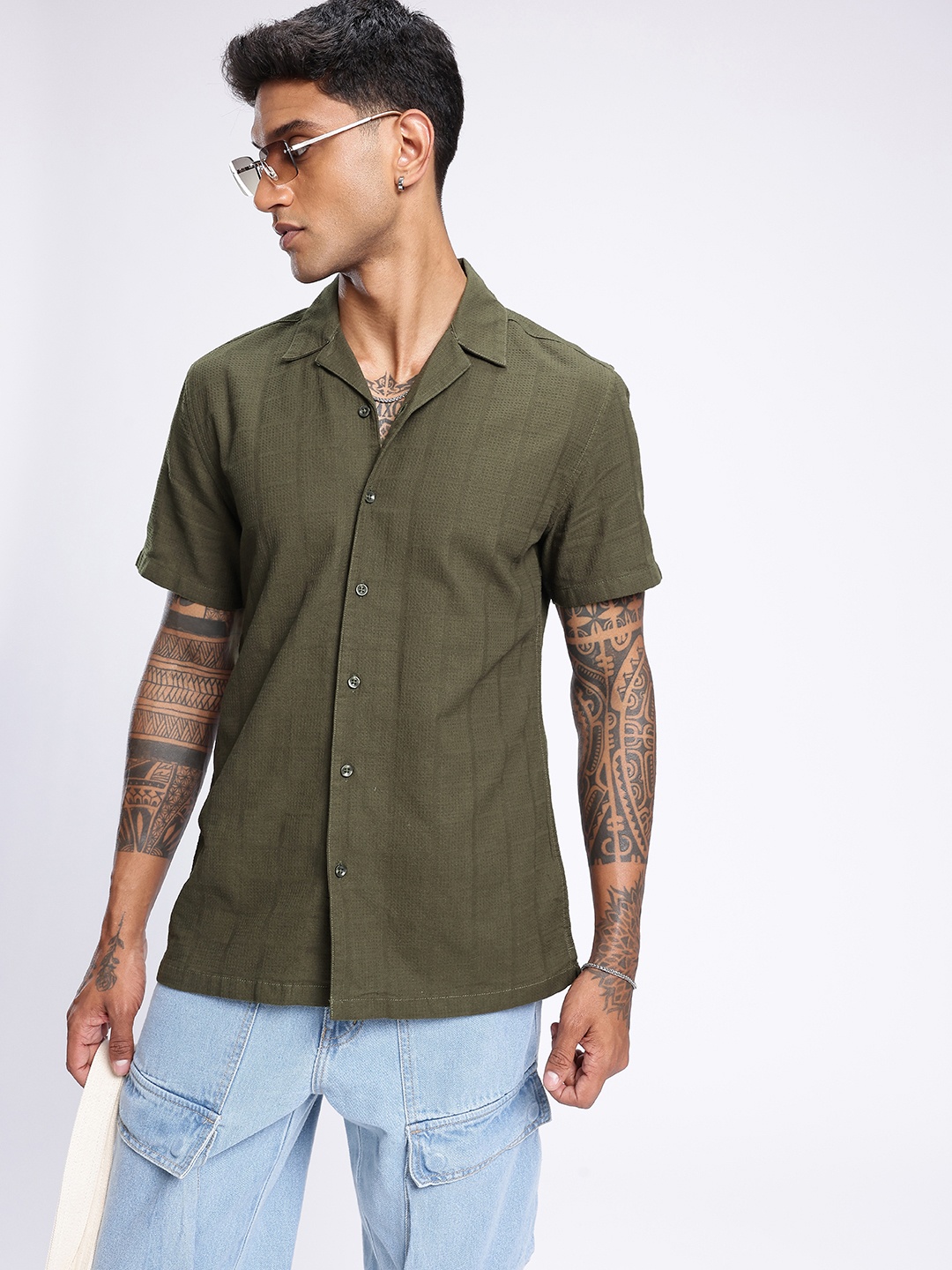 

glitchez City Cool Waffle Weave Textured Casual Shirt, Olive