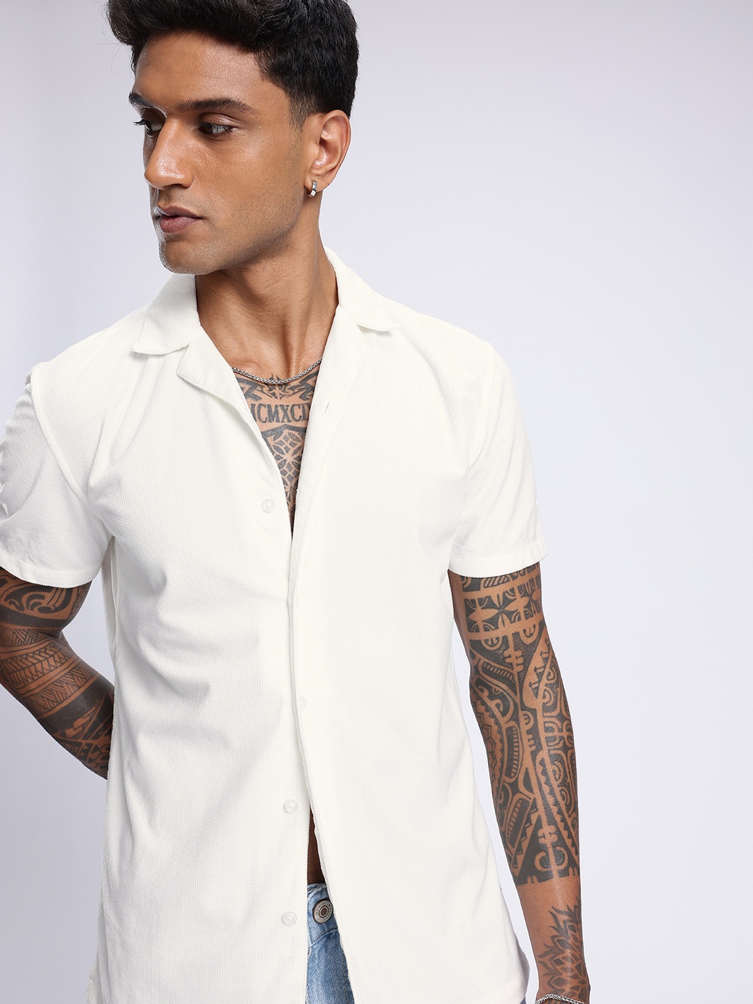 

glitchez Urban Vibe Waffle Weave Knitted Shirt, White