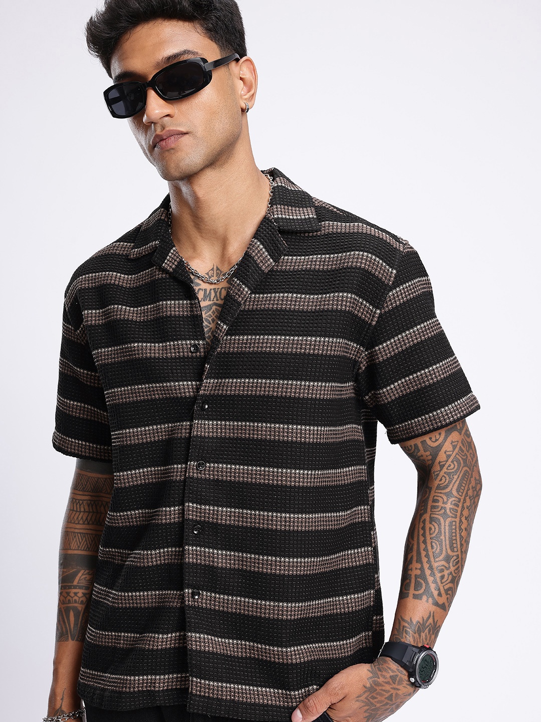 

glitchez Street Savvy Striped Waffle Textured Relaxed Fit Shirt, Black
