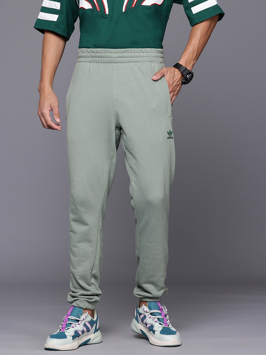 

ADIDAS Originals Men Pure Cotton Slim Fit French Terry ESS Joggers, Green