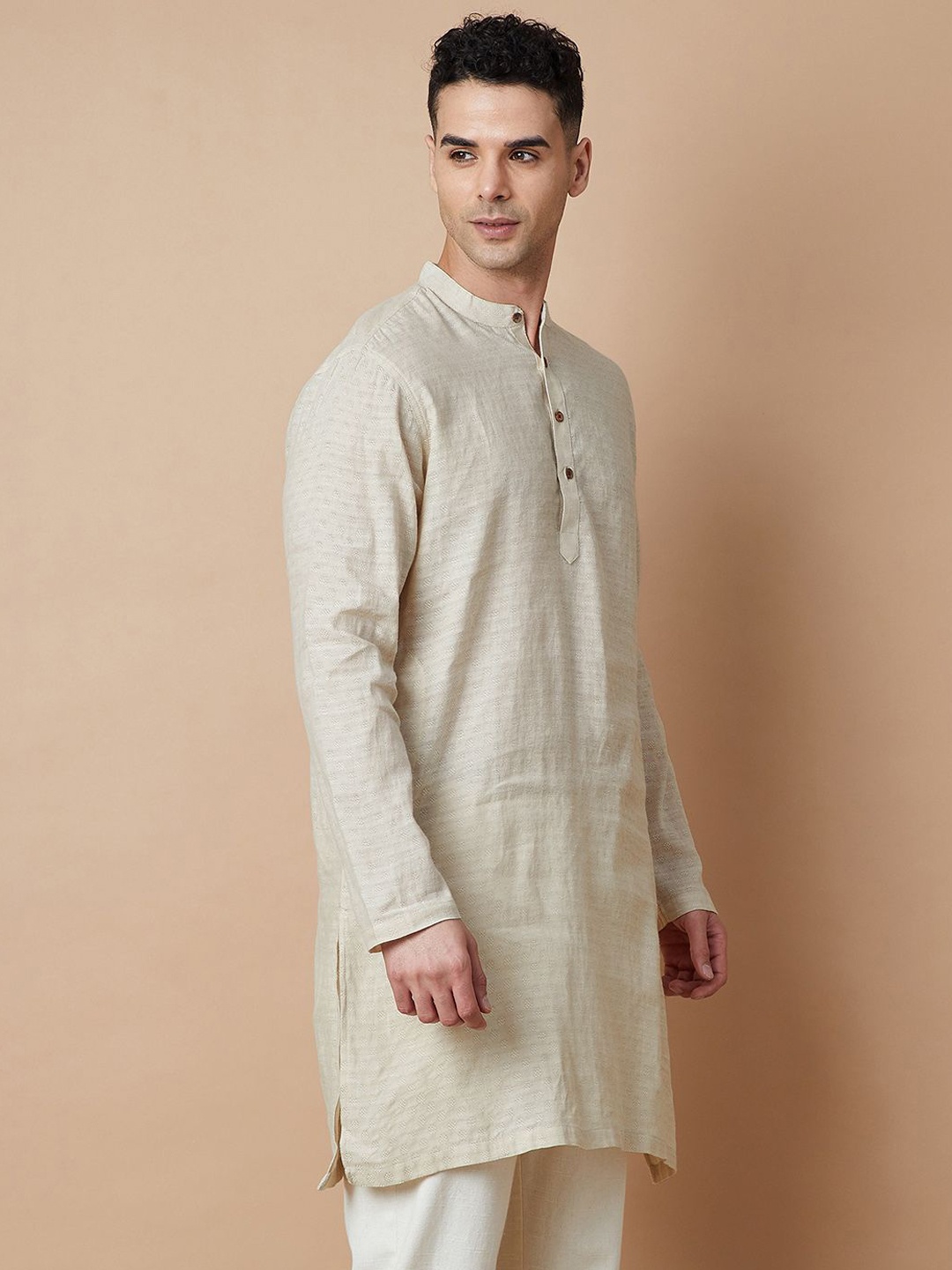 

Melange by Lifestyle Band Collar Pure Cotton Straight Kurta, Beige