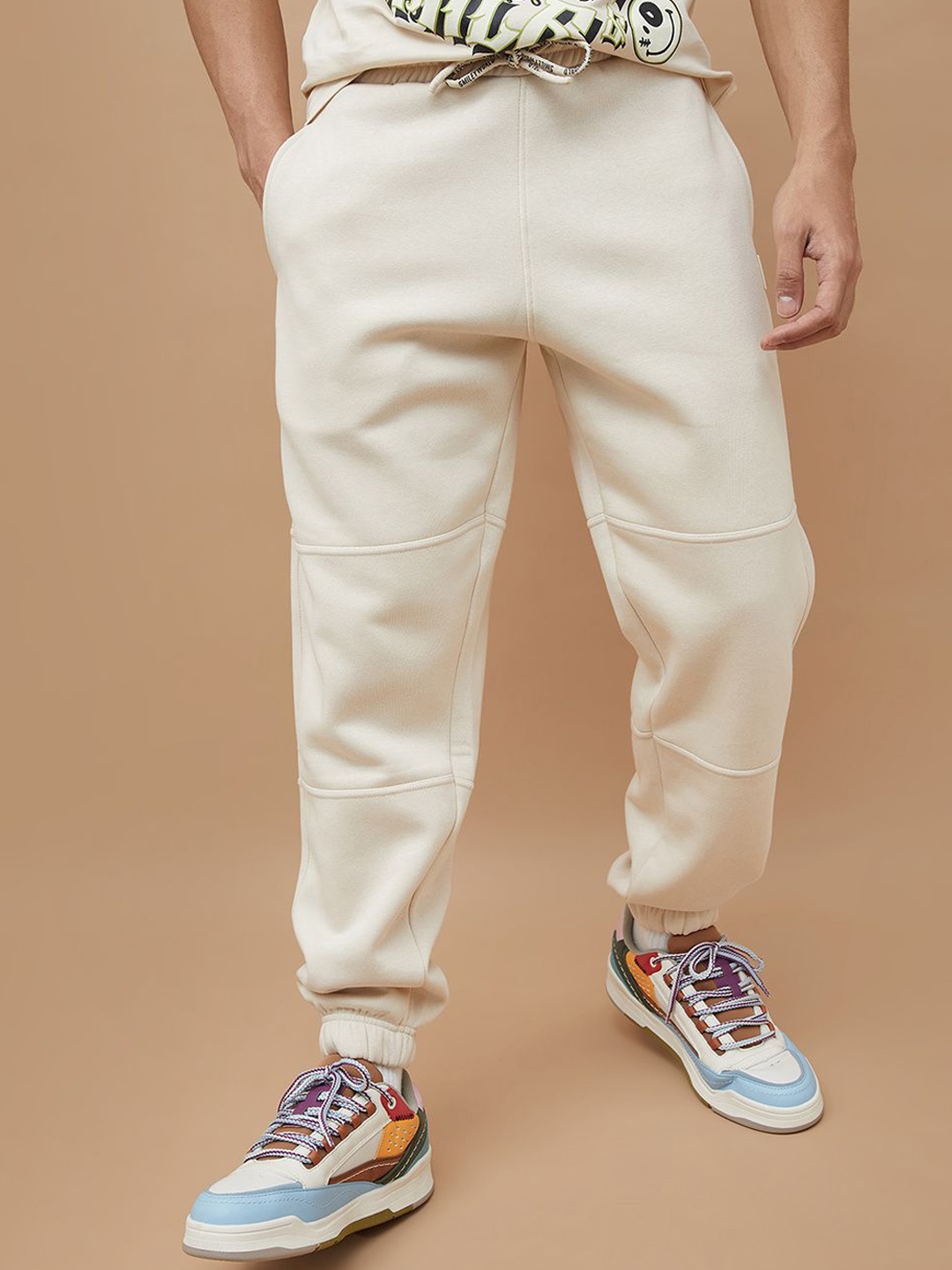 

SmileyWorld Men Cotton Mid-Rise Joggers, Beige