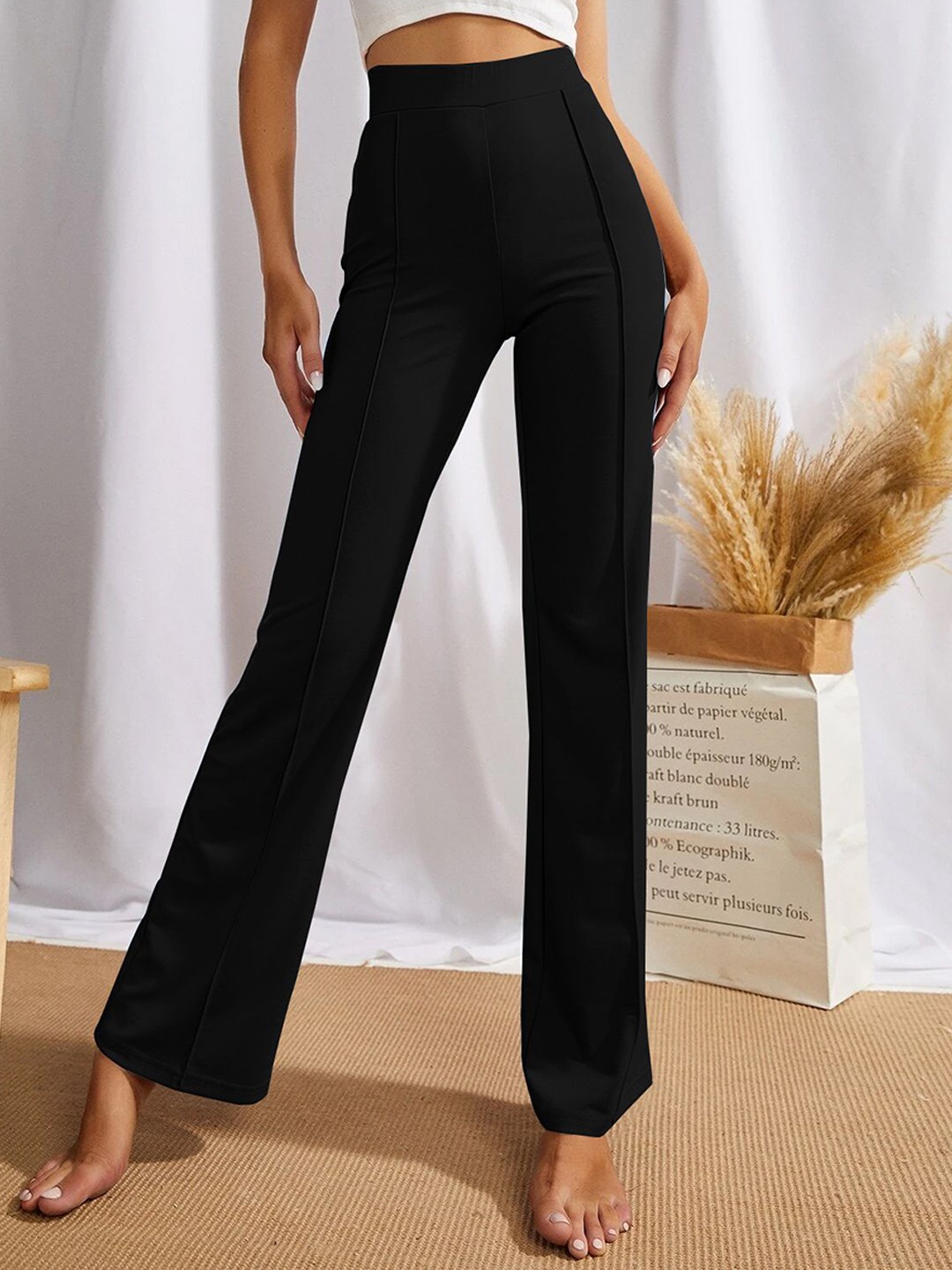

SWADESI STUFF Women Relaxed Easy Wash Mid-Rise Cigarette Trousers, Black