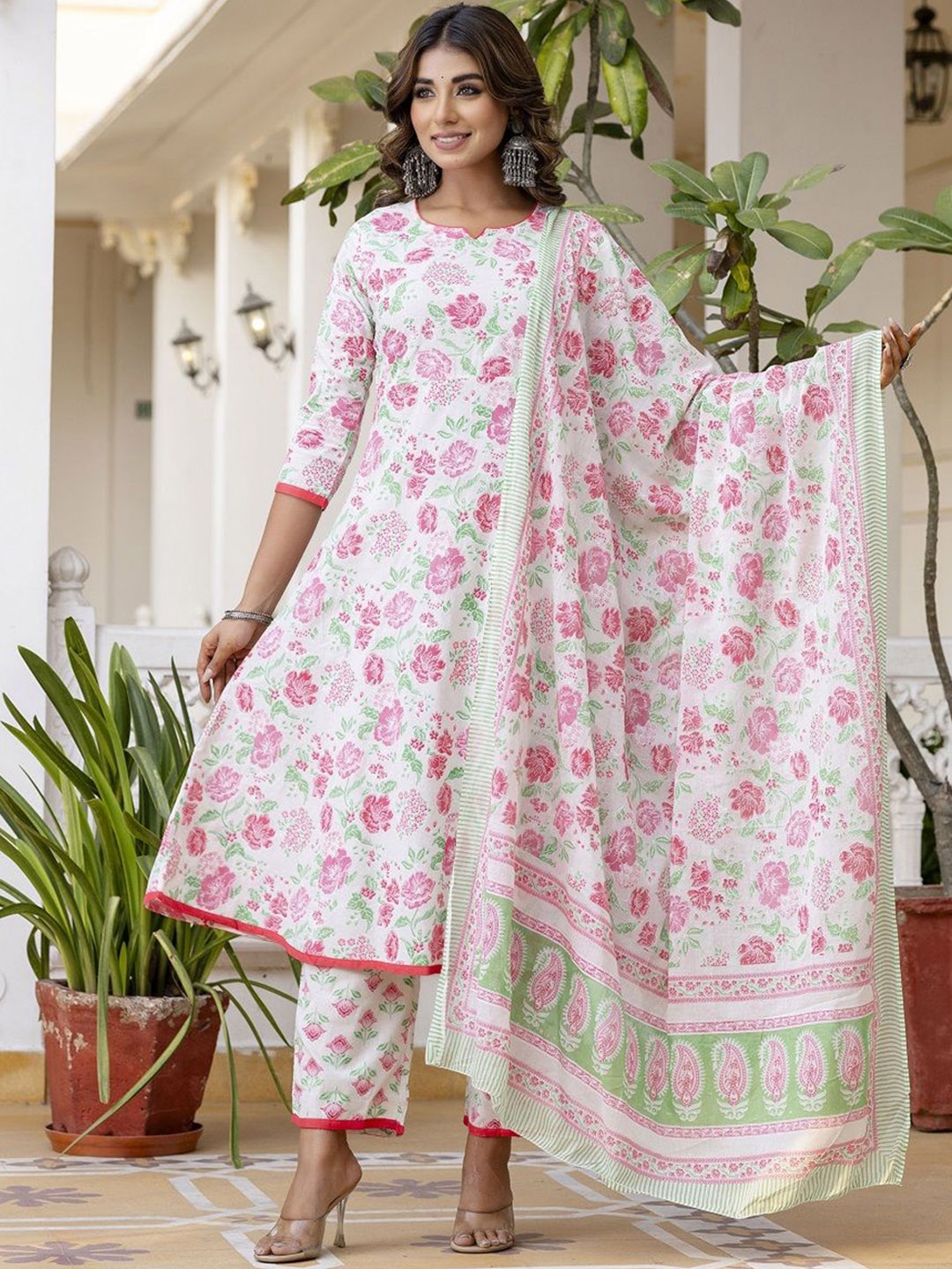 

Anouk Pink Floral Printed Notch Neck Pure Cotton A-Line Kurta With Palazzos And Dupatta, White
