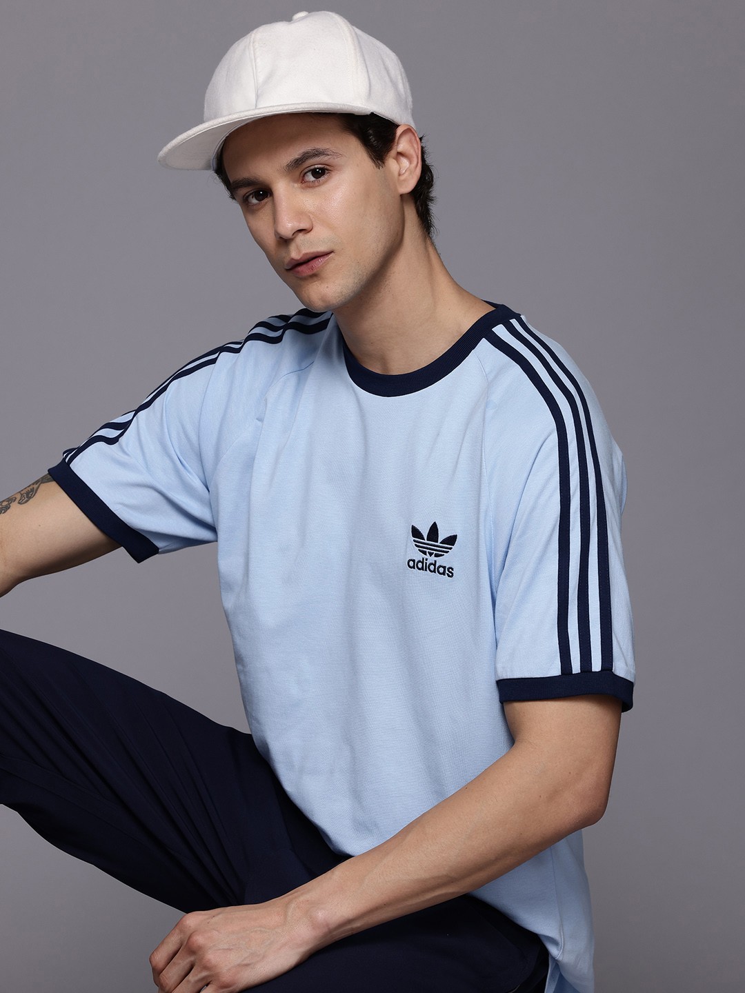 

ADIDAS Originals Pure Cotton Raglan Sleeves Stripes Slim Fit T-shirt, Blue