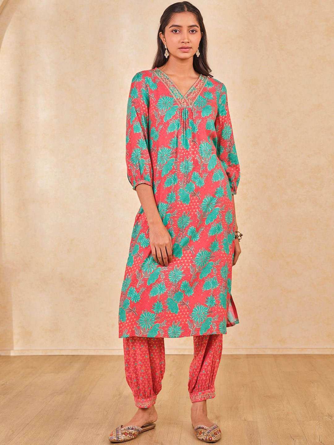 

Global Desi Floral Printed V-Neck Cuffed Sleeves Thread Work Straight Kurta With Trousers, Coral