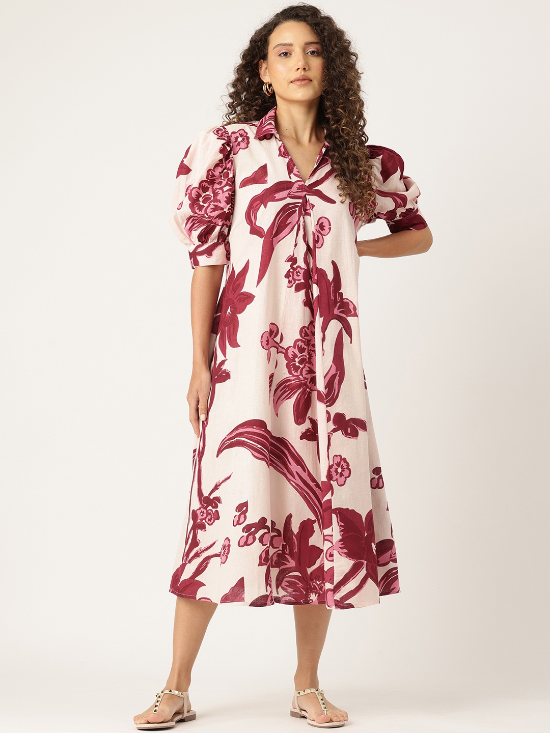 

MISRI Floral Print Puff Sleeve A-Line Midi Dress, White