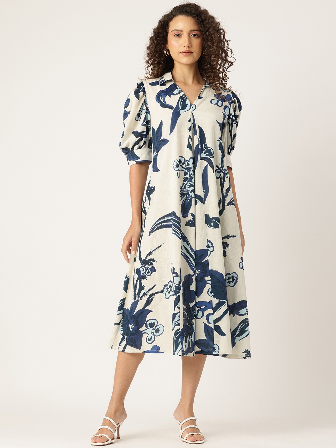 

MISRI Floral Print Puff Sleeve A-Line Midi Dress, White