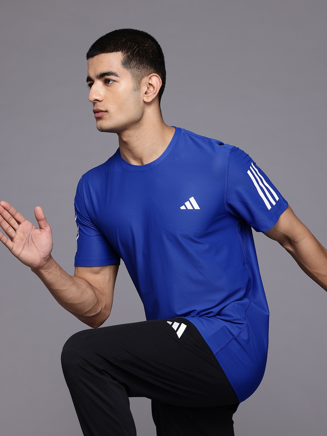 

ADIDAS Running T-shirt with Brand Logo Printed & Stripe Detail, Blue