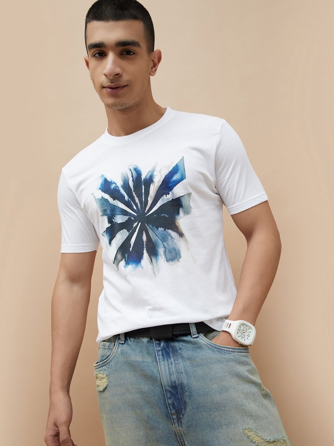 Forca Men Graphic Printed Round Neck Cotton T-shirt, White