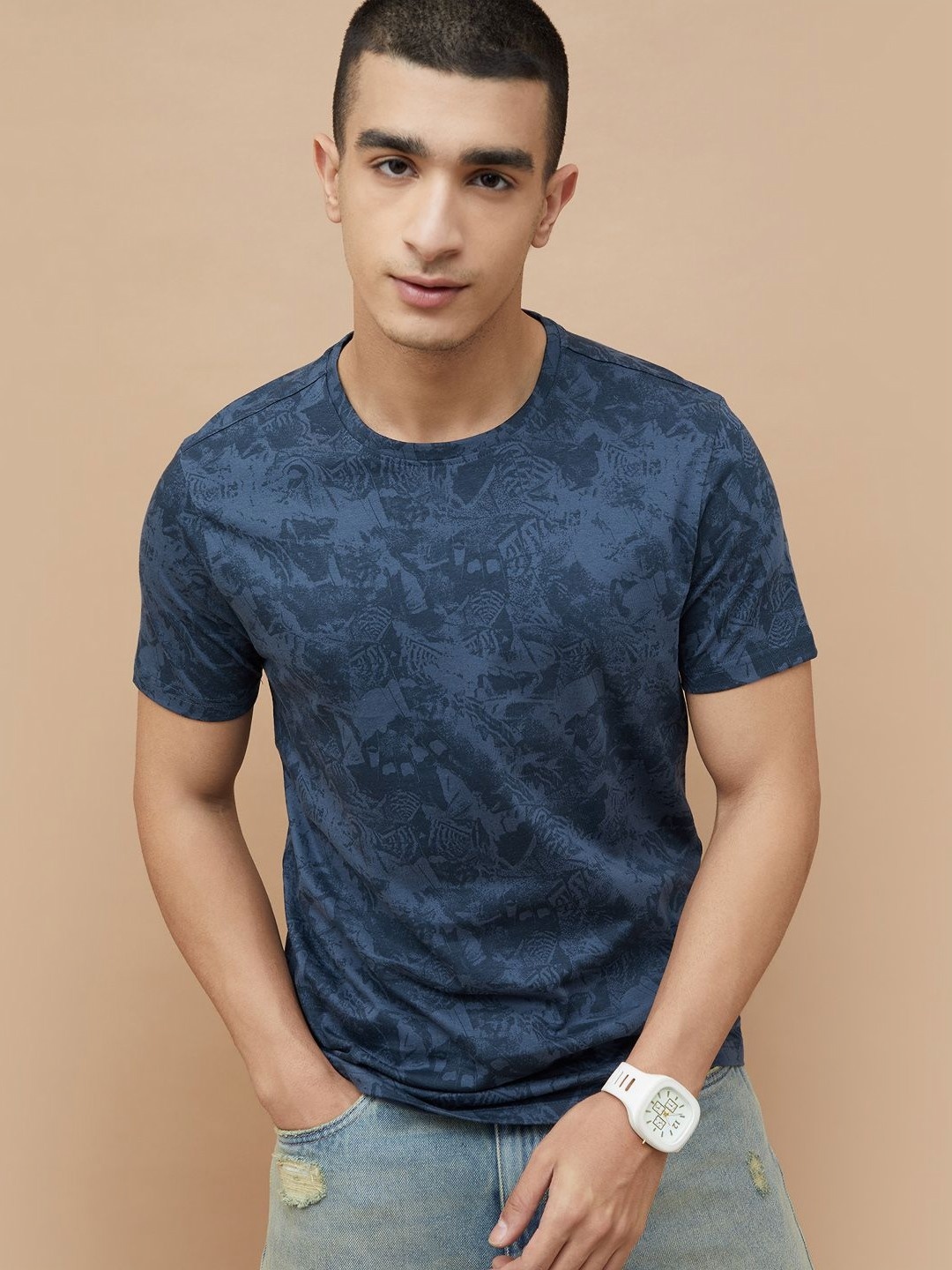 

Forca Men Floral Printed Round Neck Cotton T-shirt, Navy blue