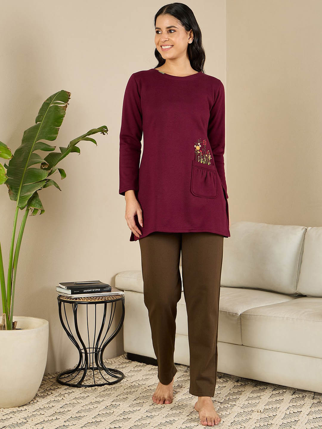 

July Round Neck Top With Pyjama, Maroon