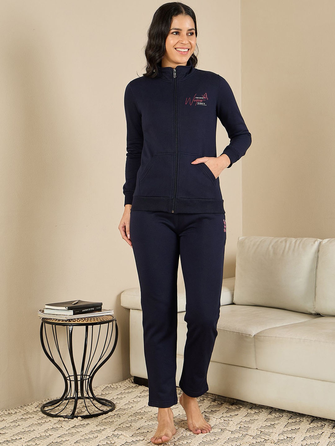 

July Printed High Neck T-Shirt With Pyjama, Navy blue