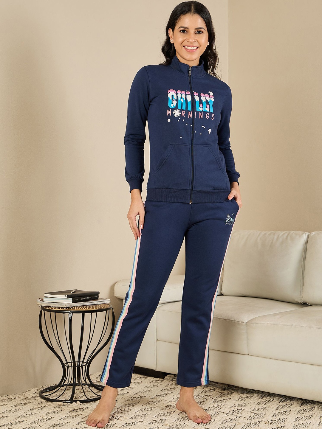 

July Printed Long Sleeves Sweatshirt With Pyjama, Navy blue